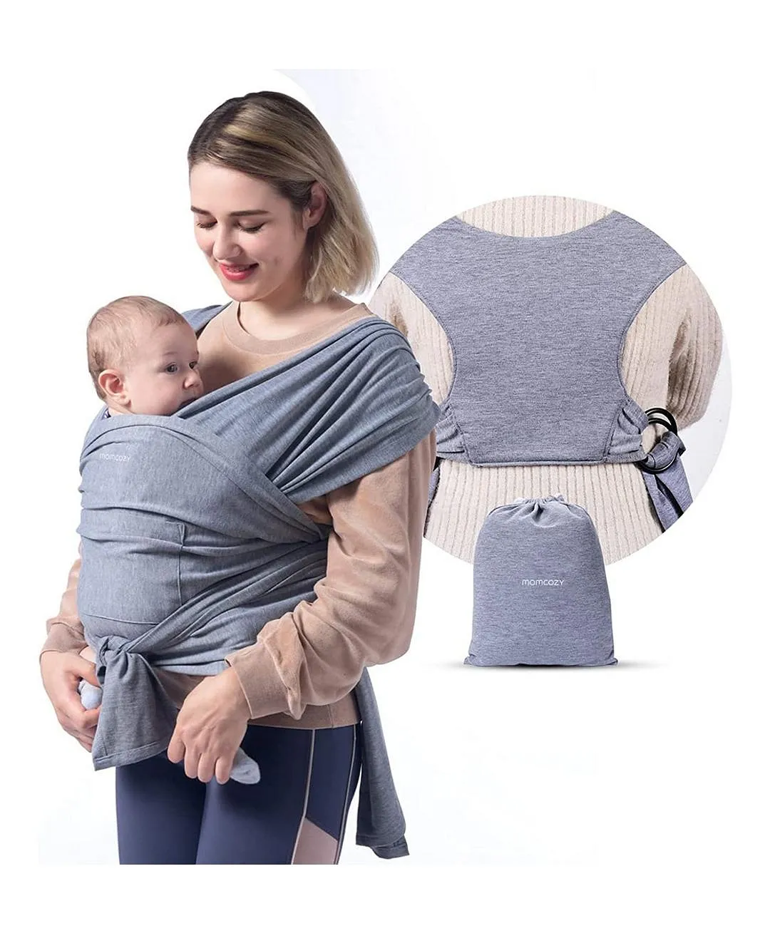 MomCozy 0m Adjustable Baby Wrap Carrier Sling Comfortable Soft Grey Fabric Easy to Tie Snug Fit Machine Washable 15 kg Capacity Online in UAE Buy at Best Price from FirstCry.ae